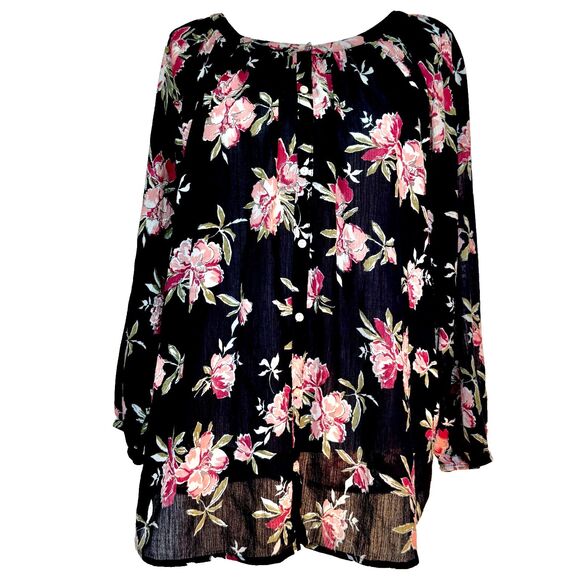 Chaps black pink floral peasant blouse Women’s 2XL boho tunic top long sleeve - Picture 1 of 8